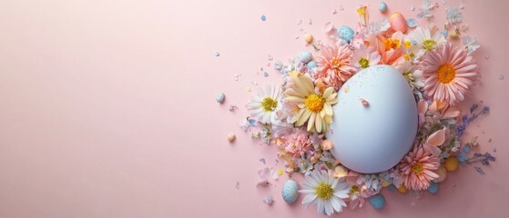 Pastel Easter Egg Surrounded by Spring Flowers on Pink Background Concept of springtime, holiday, and celebration