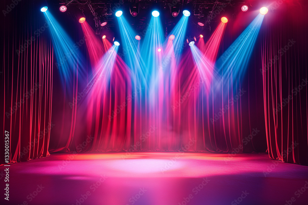 Wall mural a stage lit with colorful spotlights and red curtains. abstract of an empty stage with colorful spot