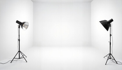 Minimalist photography studio with black lights, modern aesthetic