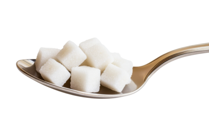 Spoon holding white sugar cubes on transparent background