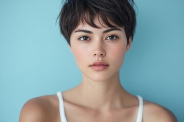 Naklejka premium A Japanese woman with short hair, wearing a white tank top, against a light blue background.