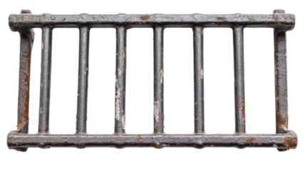 Old rusty metal grate protecting a window on transparent background
