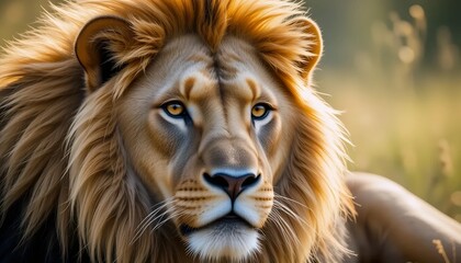 Obraz premium Close-up photo of a lion's face against a wild background