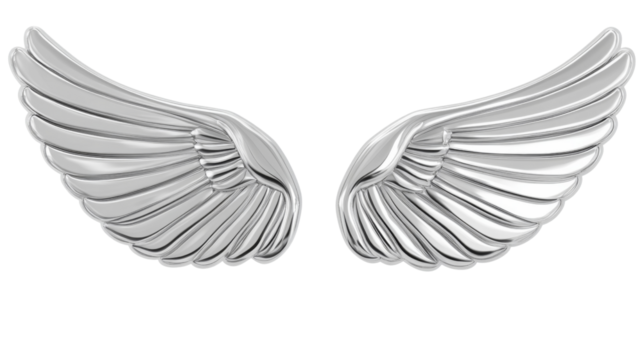 Metallic silver wings representing freedom and spirituality on transparent background