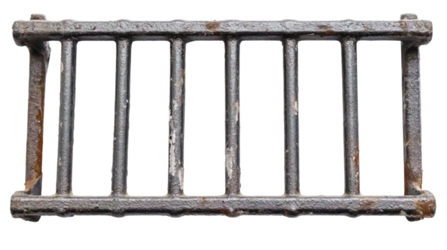 Old rusty metal grate protecting a window on transparent background