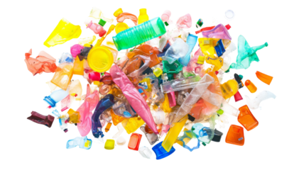 Plastic waste floating on transparent background: pollution and recycling concept