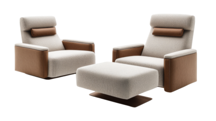 Two modern armchairs and ottoman with transparent background