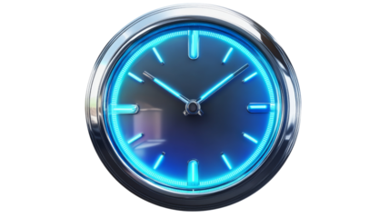 Modern clock showing time with blue neon light on transparent background