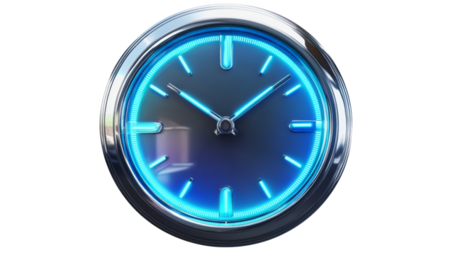 Modern clock showing time with blue neon light on transparent background