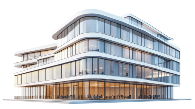 Modern office building with transparent background showing urban architecture