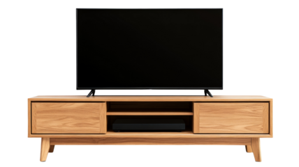 Modern tv set on wooden stand with transparent background