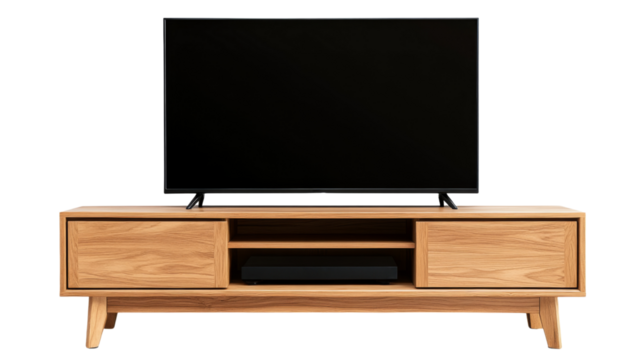 Modern tv set on wooden stand with transparent background