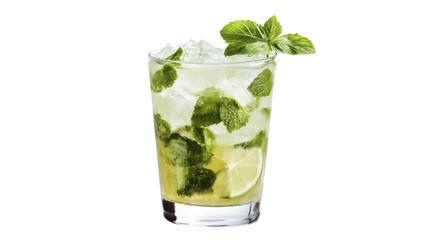 Refreshing mojito cocktail with ice, mint, and lime on transparent background