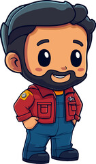 Obraz premium Cute cartoon illustration of a bearded man with dark hair, wearing a red jacket and blue overalls, smiling cheerfully and standing in a relaxed pose, exuding friendliness and approachability