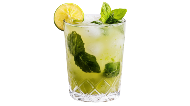 Refreshing mojito cocktail with lime, mint, and ice on transparent background