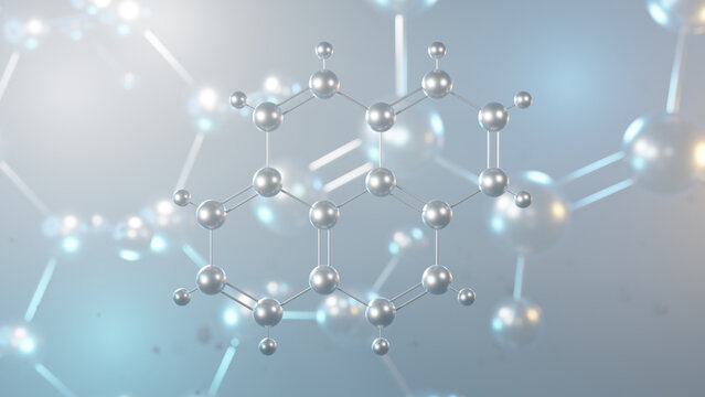 pyrene molecular structure, 3d model molecule, aromatic hydrocarbon structural chemical formula view from a microscope