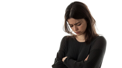 Sad young woman crossing arms on transparent background