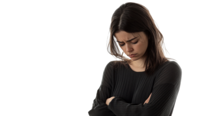 Sad young woman crossing arms on transparent background