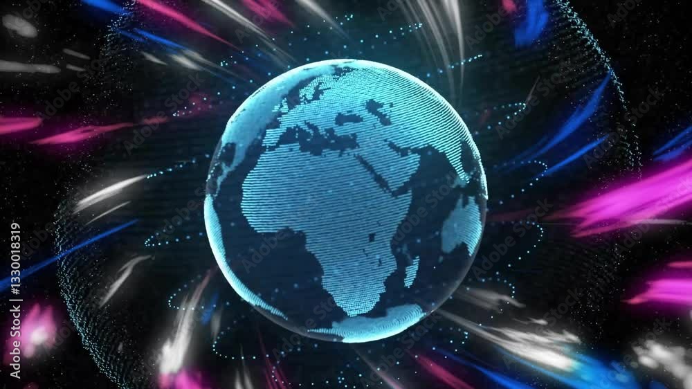 Wall mural animation of digital globe surrounded by vibrant light streaks and data points