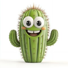 Cheerful Cartoon Cactus with Large Eyes and Wide Smile, 3D Rendered Illustration