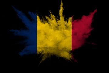 Obraz premium Romania, Romanian smoke flag isolated on black background. National Day December 1st.