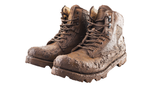 Muddy work boots isolated on transparent background representing hard work