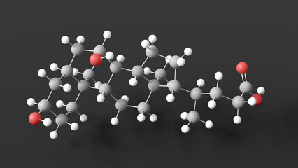chenodeoxycholic acid molecule 3d, molecular structure, ball and stick model, structural chemical formula bile acid
