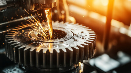 Industrial gear in motion creating sparks and coolant flow Generative AI