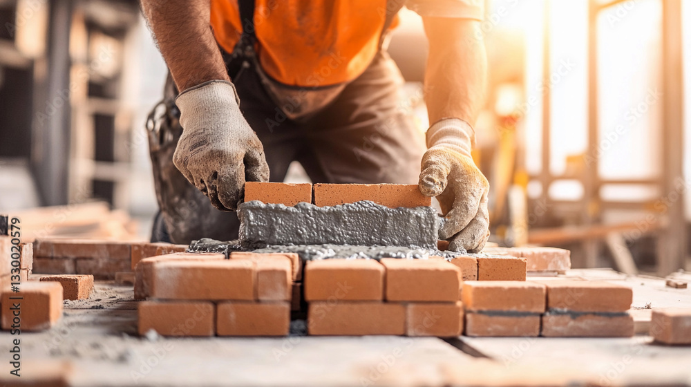 Aufkleber skilled construction worker laying bricks at a worksite generative ai