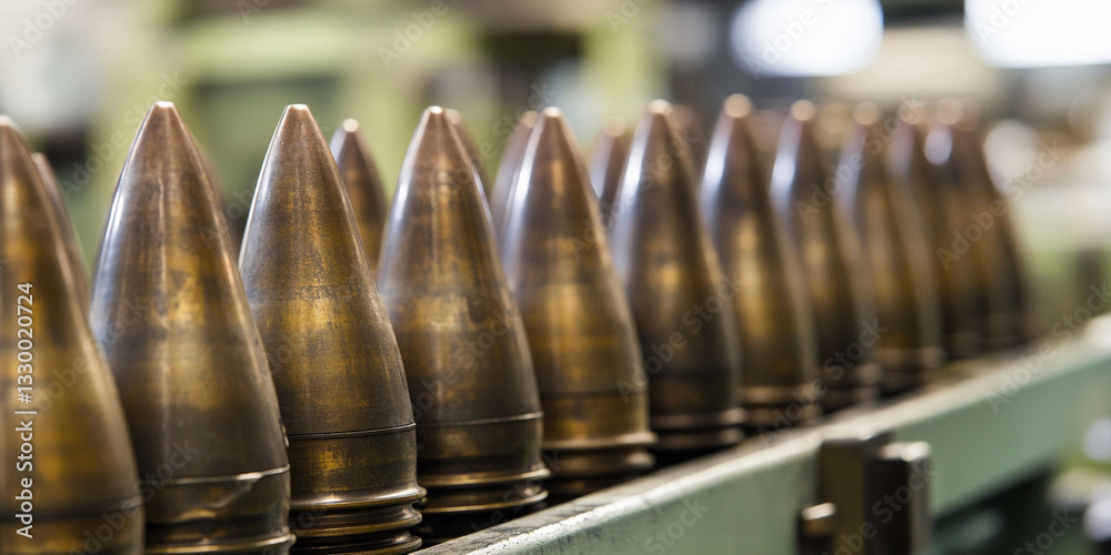 Poster new metal mm artillery shells lined up for assembly generative ai