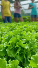 Students harvesting fresh lettuce in school garden, promoting sustainability and teamwork