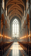 Fototapeta premium A solemn Catholic church interior with sunlight streaming through the windows.