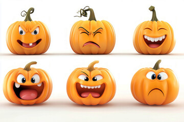 A set of 6 cute 3D pumpkin characters with smiling faces and varied emotions, isolated on a white background, perfect for fall-themed animations and playful designs