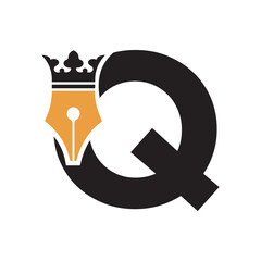 Crown Pen Logo combine with letter Q
 vector template