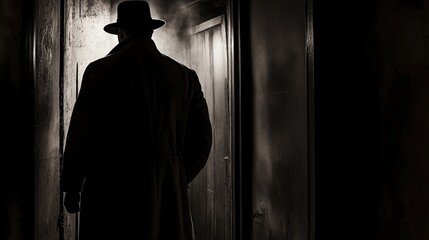 Shadowy noir detective in trench coat and fedora standing in a doorway, backlit by dim streetlight with dramatic high-contrast lighting, cinematic crime scene atmosphere