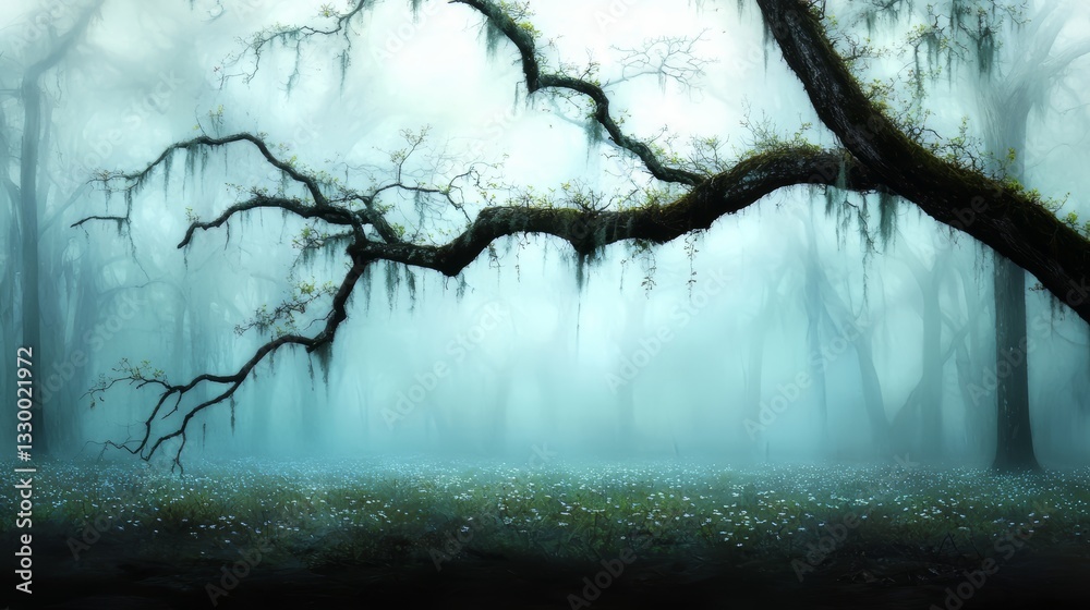 Poster Tree branch is shown in a forest with a foggy sky. Scene is mysterious and serene