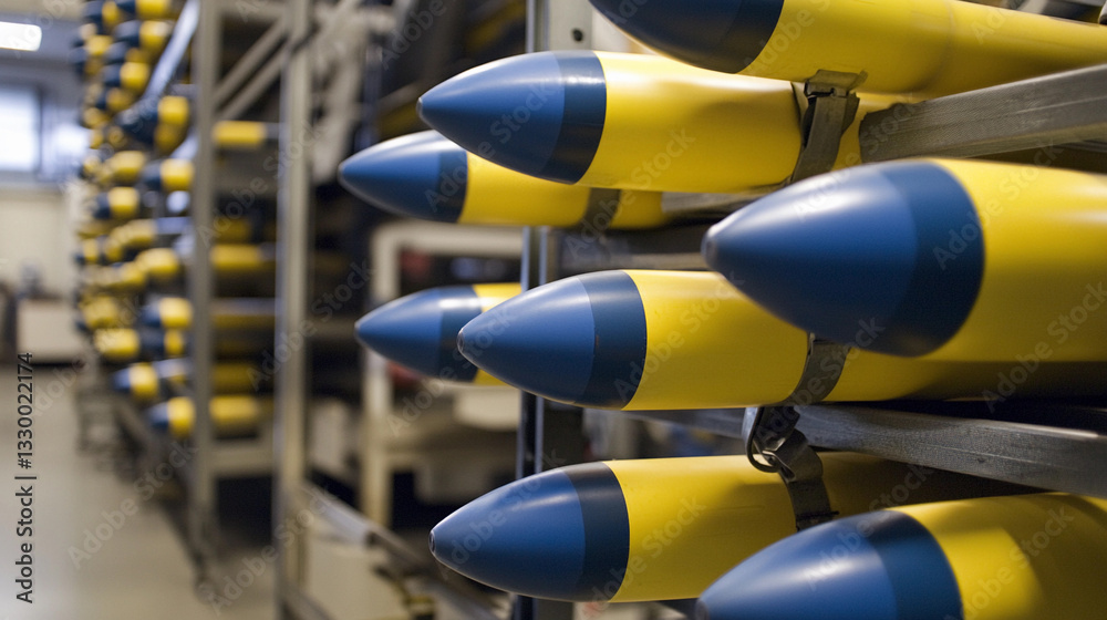 Poster Close-up view of yellow and blue missiles in storage unit Generative AI