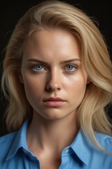 Fototapeta premium blond woman with blue eyes and blue shirt posing for a picture