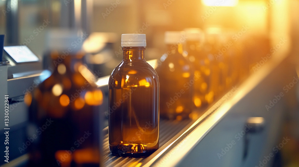 Aufkleber amber liquid bottles in motion on production line generative ai