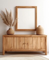 Wooden Console Table with Dried Flowers and Blank Frame in Minimalist Setting