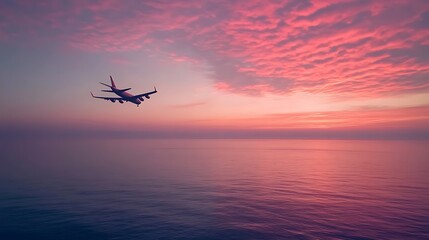 A small passenger plane flying over the ocean at dawn, with empty space for text in the sky