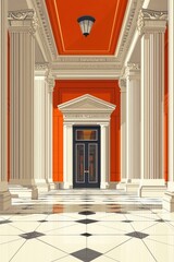 Obraz premium Grand Hallway with Columns and Vibrant Red Ceiling Design