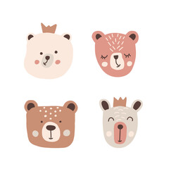 Collection of cute bear faces in vector art style for creative use, set isolated on white. Vector illustration