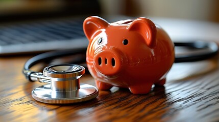 Piggy bank and stethoscope on wooden table