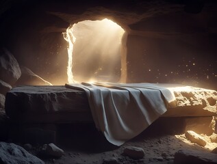 Bright Sunrise and Empty tomb of Jesus Christ, Ressurection Christian Illustration Concept 