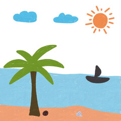 Hand-drawn tropical island with a palm tree and sailing boat under bright daylight, capturing a serene and scenic vibe