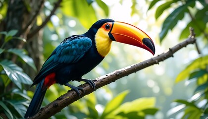 Fototapeta premium Toucan tropical bird sitting on a tree branch in natural wildlife environment in rainforest jungle