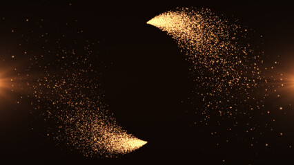 Fototapeta premium Bright luxury golden particles background. Golden light trails of glittering particles on dark background with soft golden light. Celebration, event, greetings card and invitation.