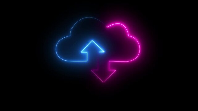 Cloud analytic downloading data. Cloud space and technology, data backup, file repository.  Neon digital cloud icon, data transfer animation.