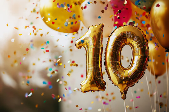 A sparkling gold foil 10 balloon paired with elegant gold balloons and vibrant colorful confetti, creating a dynamic and festive atmosphere, ideal for celebrating a 10th anniversary or milestone